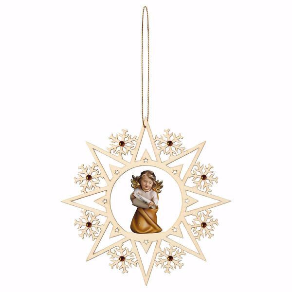 Picture of Guardian Angel with notes and Snow Flakes Frame and coloured Stones Diam. cm 15 (5,9 inch) Christmas Tree wooden Decoration painted with oil colours Val Gardena