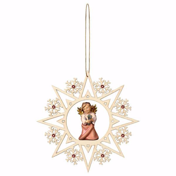Picture of Guardian Angel with cloverleaf Snow Flakes Frame and coloured Stones Diam. cm 15 (5,9 inch) Christmas Tree wooden Decoration painted with oil colours Val Gardena