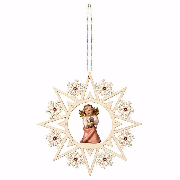 Immagine di Angelo con quadrifoglio Fiocco Neve e pietre 15 cm addobbo legno albero di Natale