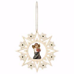 Picture of Guardian Angel with gift Snow Flakes Frame and coloured Stones Diam. cm 15 (5,9 inch) Christmas Tree wooden Decoration painted with oil colours Val Gardena