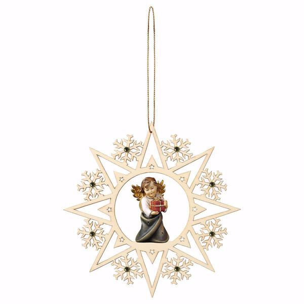 Imagen de Ángel con regalo Copo Nieve y piedras 15 cm adorno madera árbol de Navidad