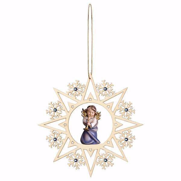 Picture of Guardian Angel with trombone Snow Flakes Frame and coloured Stones Diam. cm 15 (5,9 inch) Christmas Tree wooden Decoration painted with oil colours Val Gardena