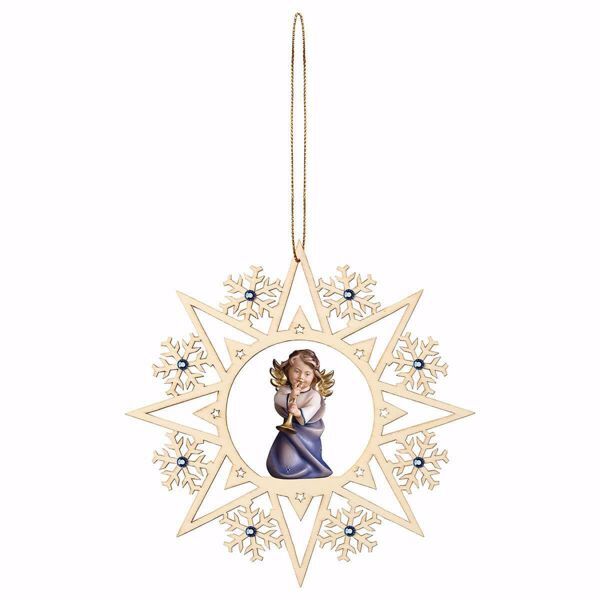 Immagine di Angelo con trombone Fiocco Neve e pietre 15 cm addobbo legno albero di Natale