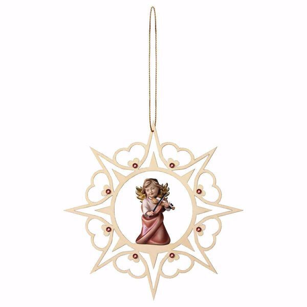 Picture of Guardian Angel with violin Hearts Frame and coloured Stones Diam. cm 15 (5,9 inch) Christmas Tree wooden Decoration painted with oil colours Val Gardena