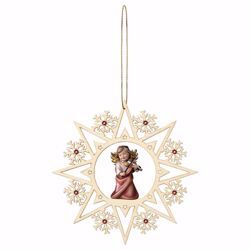 Picture of Guardian Angel with violin Snow Flakes Frame and coloured Stones Diam. cm 15 (5,9 inch) Christmas Tree wooden Decoration painted with oil colours Val Gardena