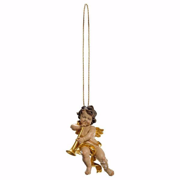 Immagine di Putto Angelo Cherubino con trombone e filo d'oro cm 6 (2,4 inch) Decorazione Albero Natale dipinta ad olio in legno Val Gardena