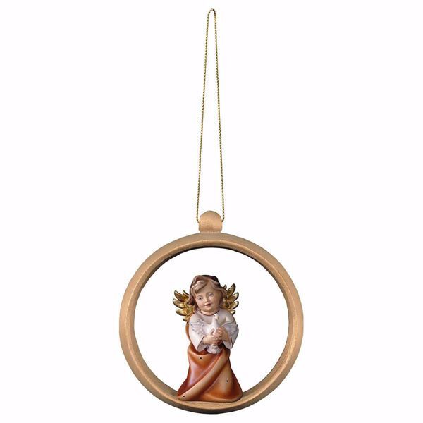 Picture of Guardian Angel with dove and Ring Frame Diam. cm 10 (3,9 inch) Christmas Tree wooden Decoration painted with oil colours Val Gardena