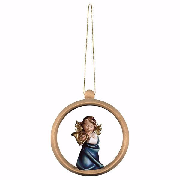 Immagine di Angelo con corno cornice Anello 10 cm addobbo legno albero di Natale