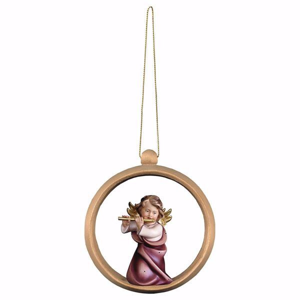 Picture of Guardian Angel with flute and Ring Frame Diam. cm 10 (3,9 inch) Christmas Tree wooden Decoration painted with oil colours Val Gardena