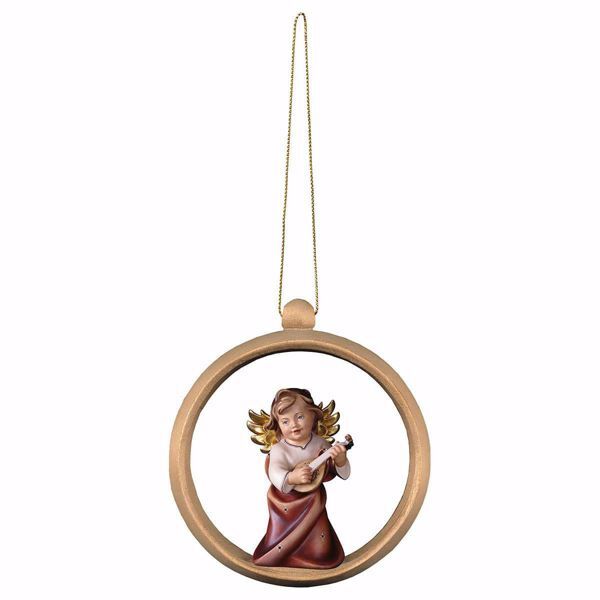 Picture of Guardian Angel with lute and Ring Frame Diam. cm 10 (3,9 inch) Christmas Tree wooden Decoration painted with oil colours Val Gardena