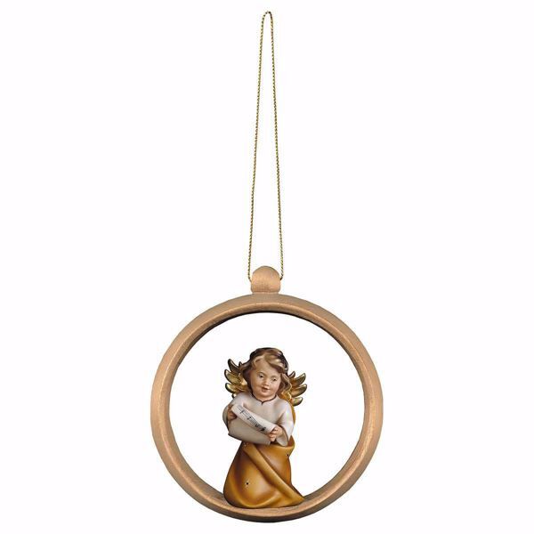 Picture of Guardian Angel with notes and Ring Frame Diam. cm 10 (3,9 inch) Christmas Tree wooden Decoration painted with oil colours Val Gardena