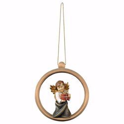 Picture of Guardian Angel with gift and Ring Frame Diam. cm 10 (3,9 inch) Christmas Tree wooden Decoration painted with oil colours Val Gardena
