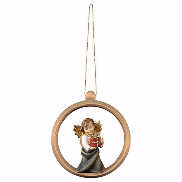 Immagine di Angelo con regalo cornice Anello 10 cm addobbo legno albero di Natale