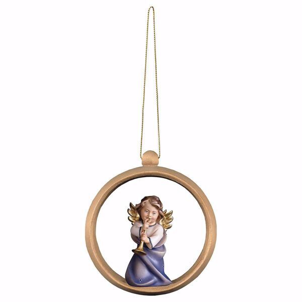 Immagine di Angelo con trombone cornice Anello 10 cm addobbo legno albero di Natale