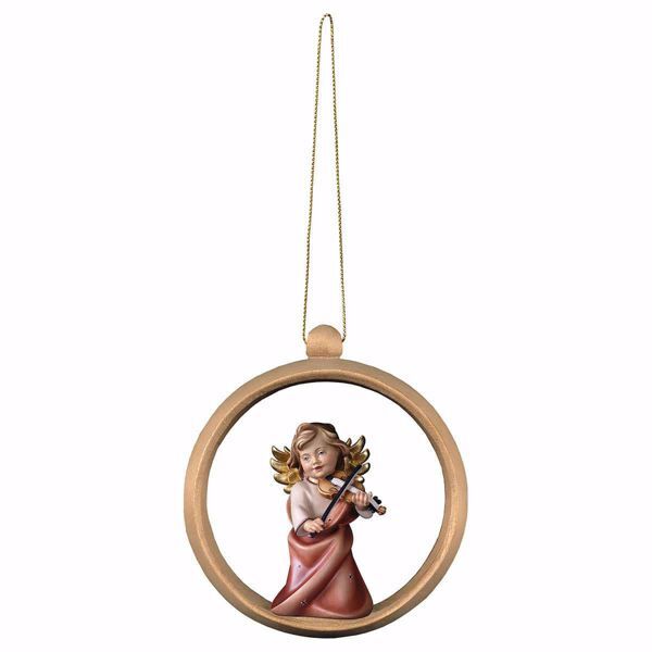 Immagine di Angelo con violino cornice Anello 10 cm addobbo legno albero di Natale