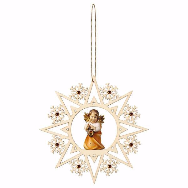 Picture of Guardian Angel with lantern Snow Flakes Frame and coloured Stones Diam. cm 15 (5,9 inch) Christmas Tree wooden Decoration painted with oil colours Val Gardena