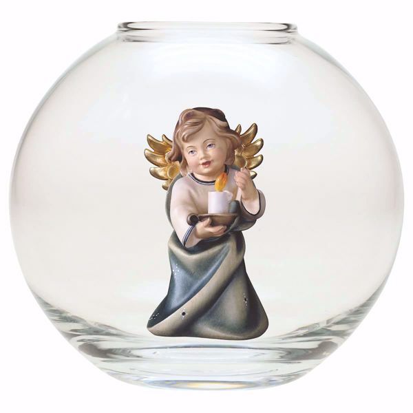 Picture of Guardian Angel with candle in a Glass Ball Diam. cm 13 (5,1 inch) Val Gardena wooden Sculpture painted with oil colours