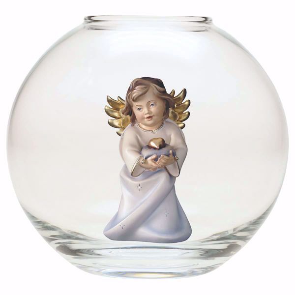 Imagen de Ángel de la Guarda con corazón en una Bola de vidrio Diam. cm 13 (5,1 inch) Escultura en madera Val Gardena pintada al óleo