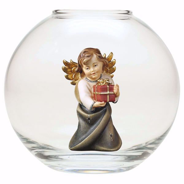 Picture of Guardian Angel with gift in a Glass Ball Diam. cm 13 (5,1 inch) Val Gardena wooden Sculpture painted with oil colours