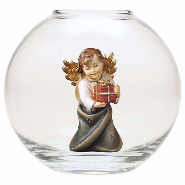 Picture of Angel with gift glass Sphere 13 cm (5,1 inch) oil painted wood