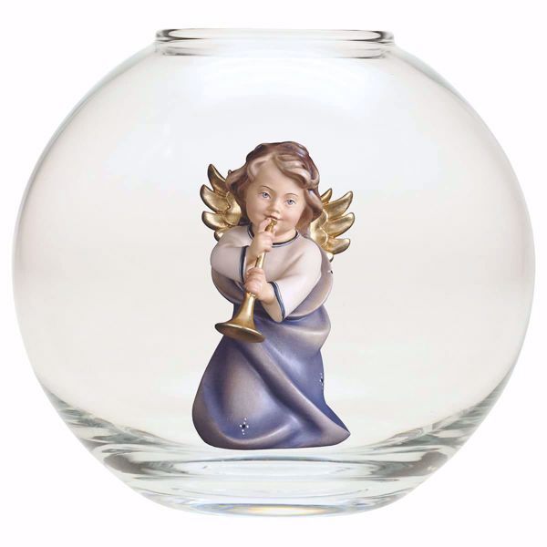 Picture of Guardian Angel with trombone in a Glass Ball Diam. cm 13 (5,1 inch) Val Gardena wooden Sculpture painted with oil colours