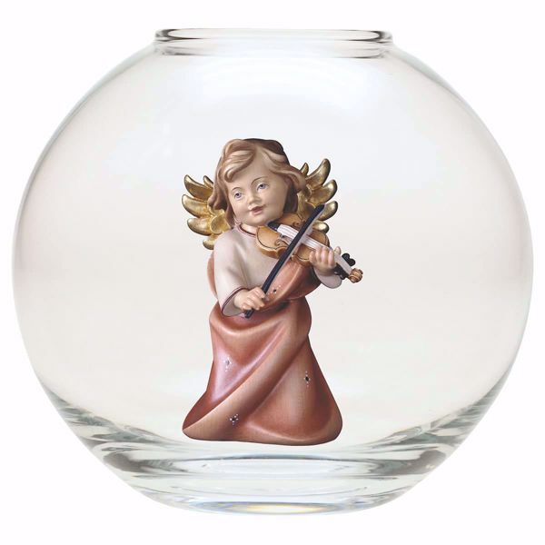 Imagen de Ángel de la Guarda con violín en una Bola de vidrio Diam. cm 13 (5,1 inch) Escultura en madera Val Gardena pintada al óleo