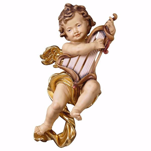Picture of Putto Cherub Angel with harp cm 15 (5,9 inch) Val Gardena wooden Sculpture painted with oil colours