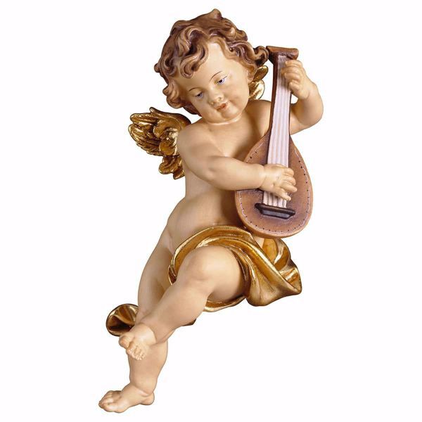 Picture of Putto Cherub Angel with lute cm 15 (5,9 inch) Val Gardena wooden Sculpture painted with oil colours