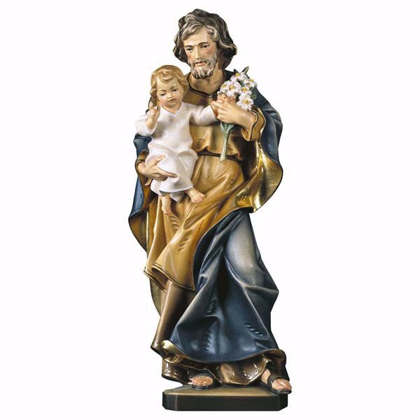 Immagine di Statua San Giuseppe con bambino e giglio cm 15 (5,9 inch) dipinta ad olio in legno Val Gardena