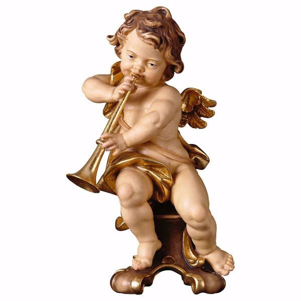 Immagine di Putto con trombone su piedistallo 15 cm Statua legno colori a olio