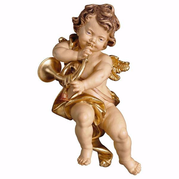 Picture of Putto Cherub Angel with horn cm 20 (7,9 inch) Val Gardena wooden Sculpture painted with oil colours