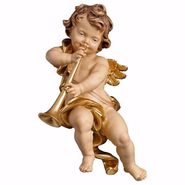 Picture of Putto Cherub Angel with trombone cm 20 (7,9 inch) Val Gardena wooden Sculpture painted with oil colours