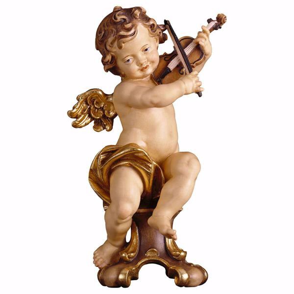 Immagine di Putto Angelo Cherubino con violino su piedistallo cm 20 (7,9 inch) Scultura in legno Val Gardena dipinta ad olio