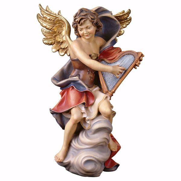 Imagen de Ángel en la nube con arpa cm 20 (7,9 inch) Escultura en madera Val Gardena pintada al óleo