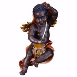 Picture of Putto Cherub black Angel with drum cm 23 (9,1 inch) Val Gardena wooden Sculpture painted with oil colours