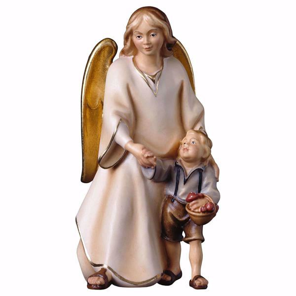 Angelo Custode Con Bambino In Legno Val Gardena - Scultura Dipinta A Mano Stile Moderno - 14 Cm