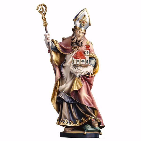 Picture of Saint Wolfgang of Regensburg with Church wooden Statue cm 15 (5,9 inch) painted with oil colours Val Gardena