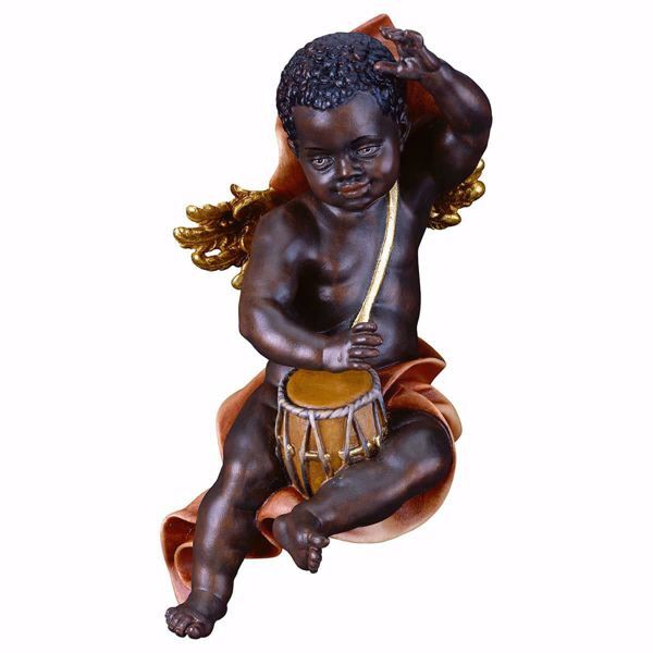 Immagine di Putto moro con tamburo 30 cm Statua da parete legno colori a olio