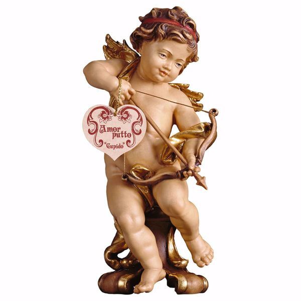 Imagen de Putto Ángel Querubín Cupido en pedestal cm 30 (11,8 inch) Escultura en madera Val Gardena pintada al óleo