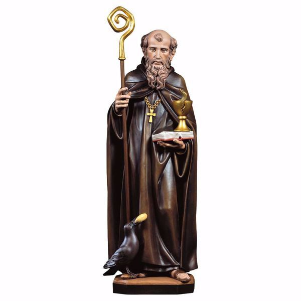 Immagine di Statua San Benedetto da Norcia con calice serpente corvo e pane cm 30 (11,8 inch) dipinta ad olio in legno Val Gardena