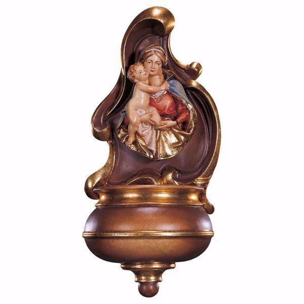 Picture of Holy Water Stoup with Bas-relief Bust of Madonna cm 17 (6,7 inch) wooden Wall Sculpture painted with oil colours Val Gardena