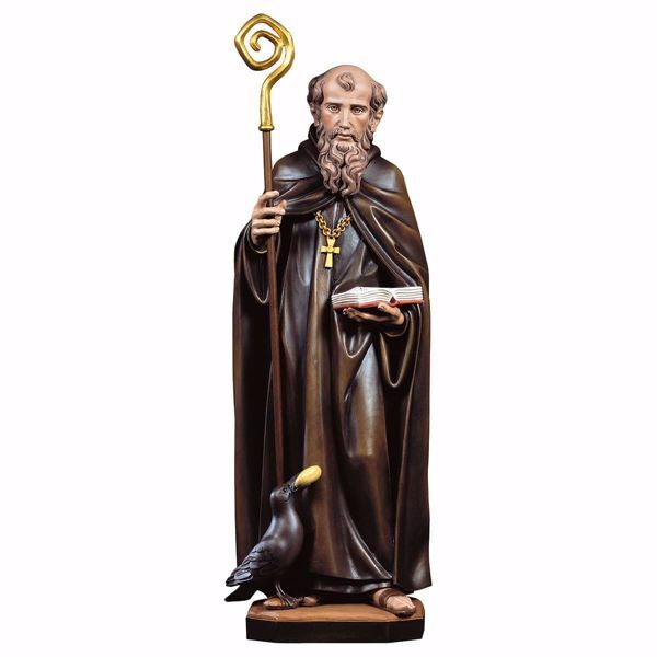 Immagine di Statua San Benedetto da Norcia con corvo e pane cm 35 (13,8 inch) dipinta ad olio in legno Val Gardena