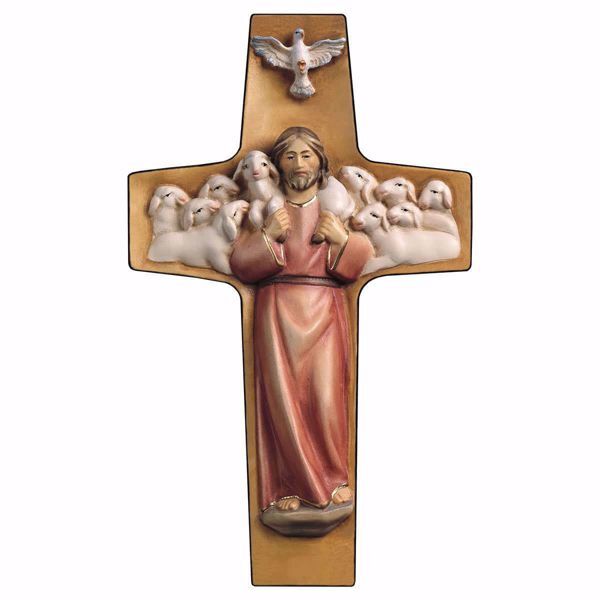 Picture of Cross Good Shepherd Red cm 14x8 (5,5x3,1 inch) wooden Wall Sculpture painted with oil colours Val Gardena