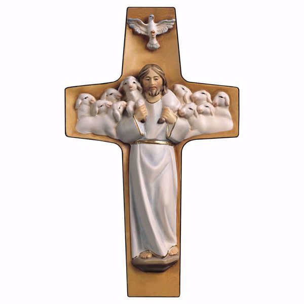 Immagine di Croce Buon Pastore Bianco cm 40x24 (15,7x9,4 inch) Scultura da parete dipinta ad olio in legno Val Gardena