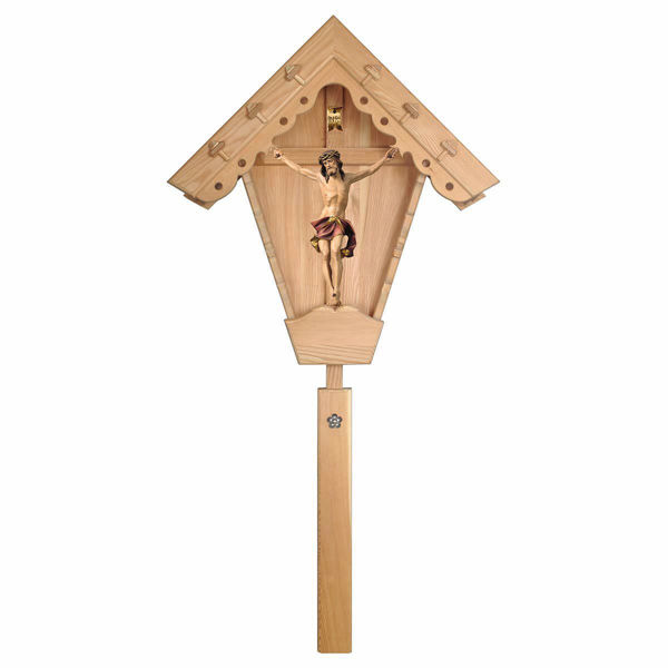 Immagine di Croce da campo Crocifisso Nazareno Rosso Edicola per esterno cm 125x61 (49,2x24,0 inch) Statua dipinta ad olio in legno Val Gardena