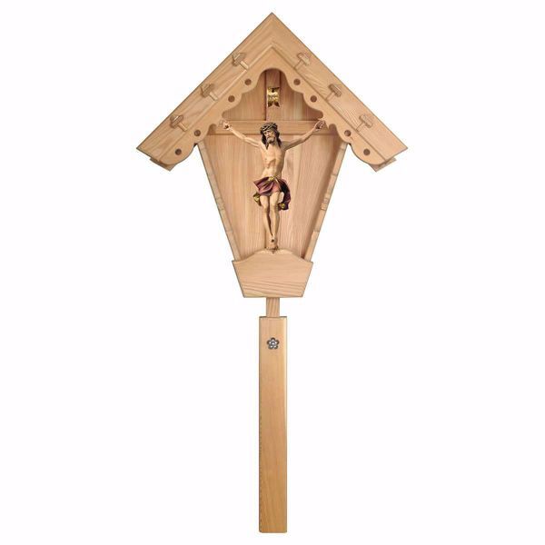 Immagine di Croce da campo Crocifisso Nazareno Rosso Edicola per esterno cm 157x77 (61,8x30,3 inch) Statua dipinta ad olio in legno Val Gardena