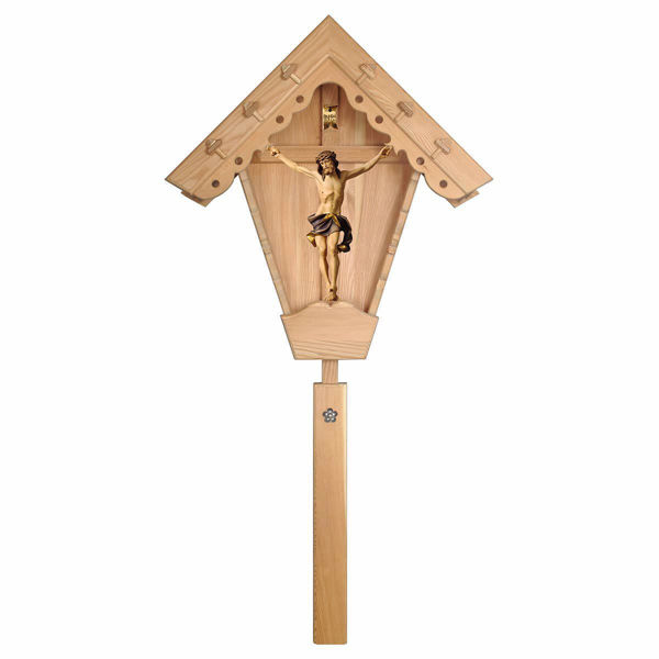 Immagine di Croce da campo Crocifisso Nazareno Blu Edicola per esterno cm 221x108 (87,0x42,5 inch) Statua dipinta ad olio in legno Val Gardena