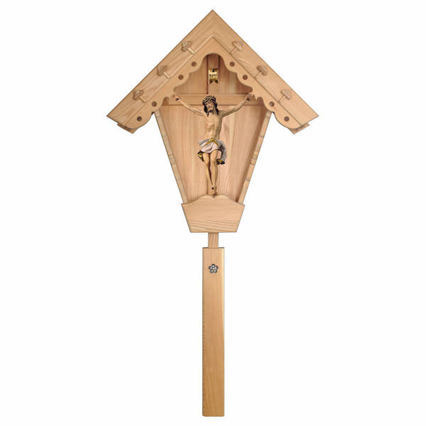Immagine di Croce da campo Crocifisso Nazareno Bianco Edicola per esterno cm 221x108 (87,0x42,5 inch) Statua dipinta ad olio in legno Val Gardena