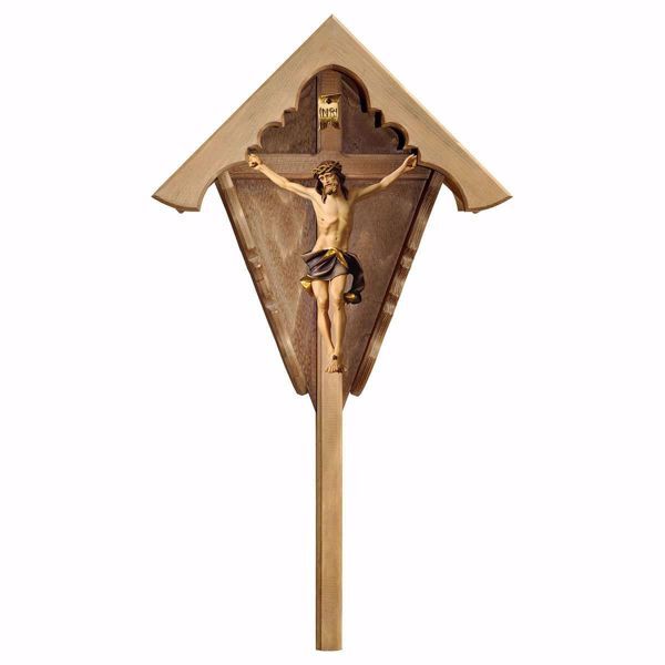 Immagine di Croce da campo Crocifisso Nazareno Blu Edicola per esterno cm 47x25 (18,5x9,8 inch) Statua dipinta ad olio in legno Val Gardena