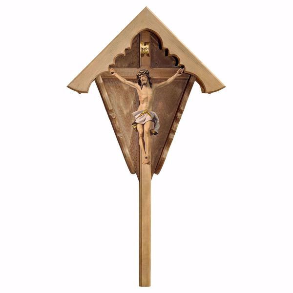Immagine di Croce da campo Crocifisso Nazareno Bianco Edicola per esterno cm 63x34 (24,8x13,4 inch) Statua dipinta ad olio in legno Val Gardena